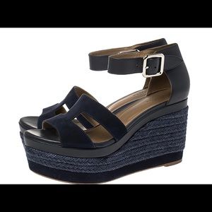 Hermes Indigo Leather/Suede Ilana Espadrille Wedges Sandals Size 9